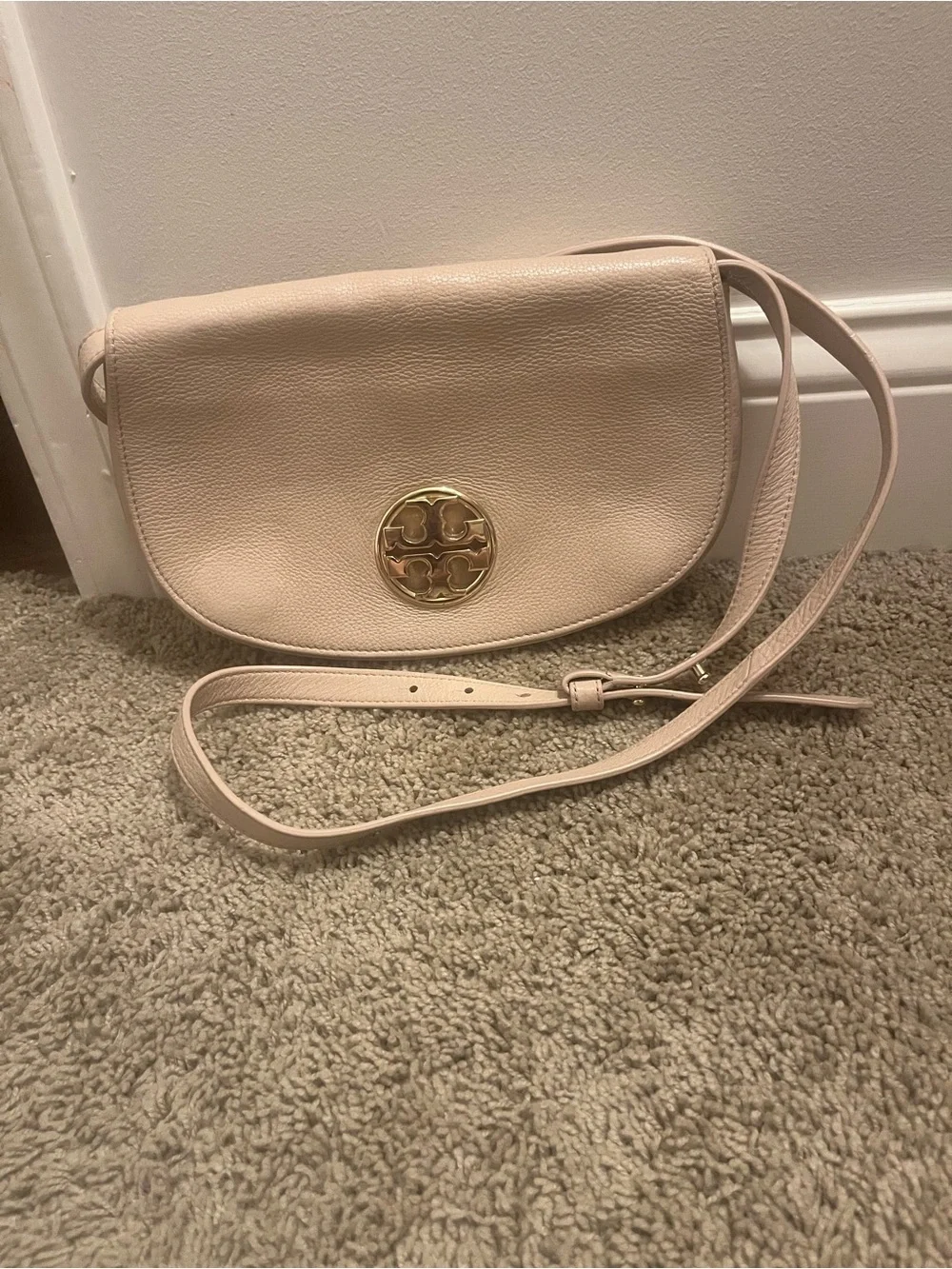 Tory Burch Pale Pink Pebbled Leather Crossbody with Gold Logo